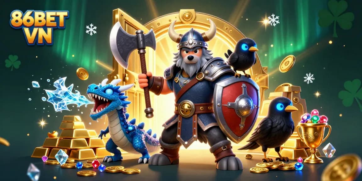 Experience epic wins with 86BET VN in a dynamic casino adventure illustration featuring Viking warriors.