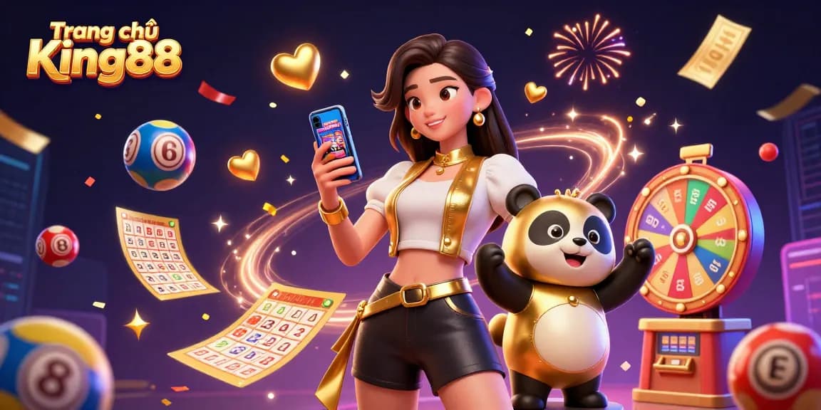 Experience excitement with Trang chủ King88 as colorful lottery elements and a joyful panda fill the scene.
