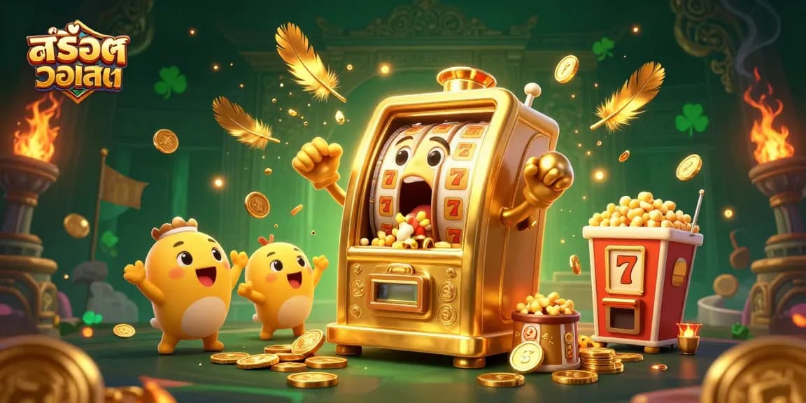 Experience สล็อตวอเลท with a cartoon slot machine hitting the jackpot surrounded by cheering characters.