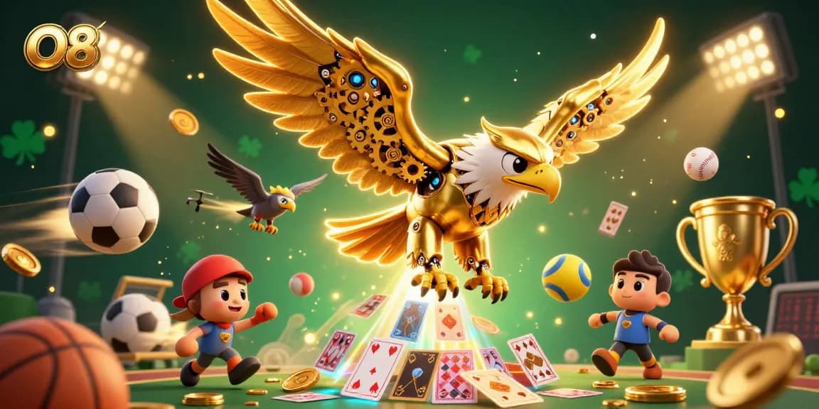 Win big at O8 with thrilling 3D game action featuring a flying golden eagle and dynamic sports elements.