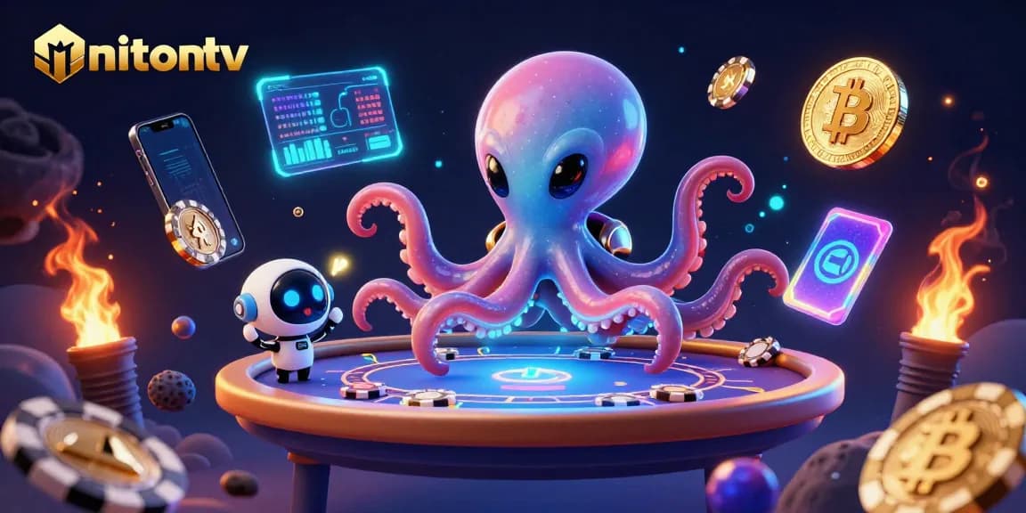 Join the excitement with mitomtv as the alien octopus plays poker in a cosmic casino scene.