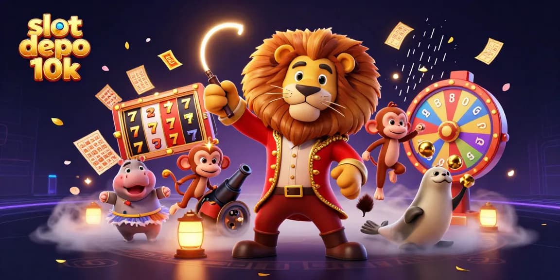 Engage with slot depo 10k, where the colorful slot reels and cartoon characters create a vibrant casino atmosphere.