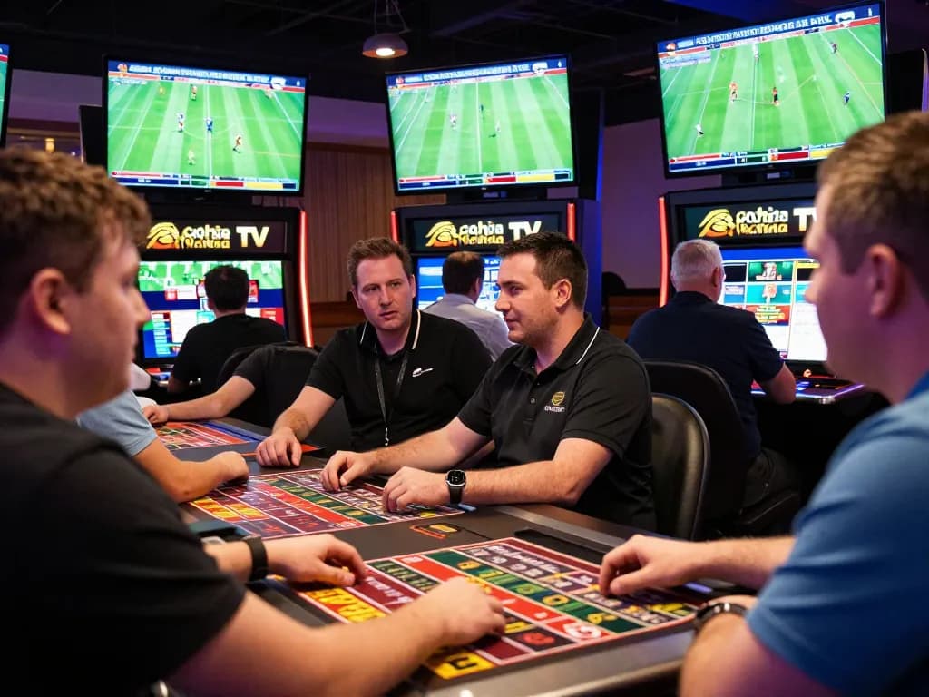 People engaging in sports betting at a modern casino, with cakhia tv branding visible.