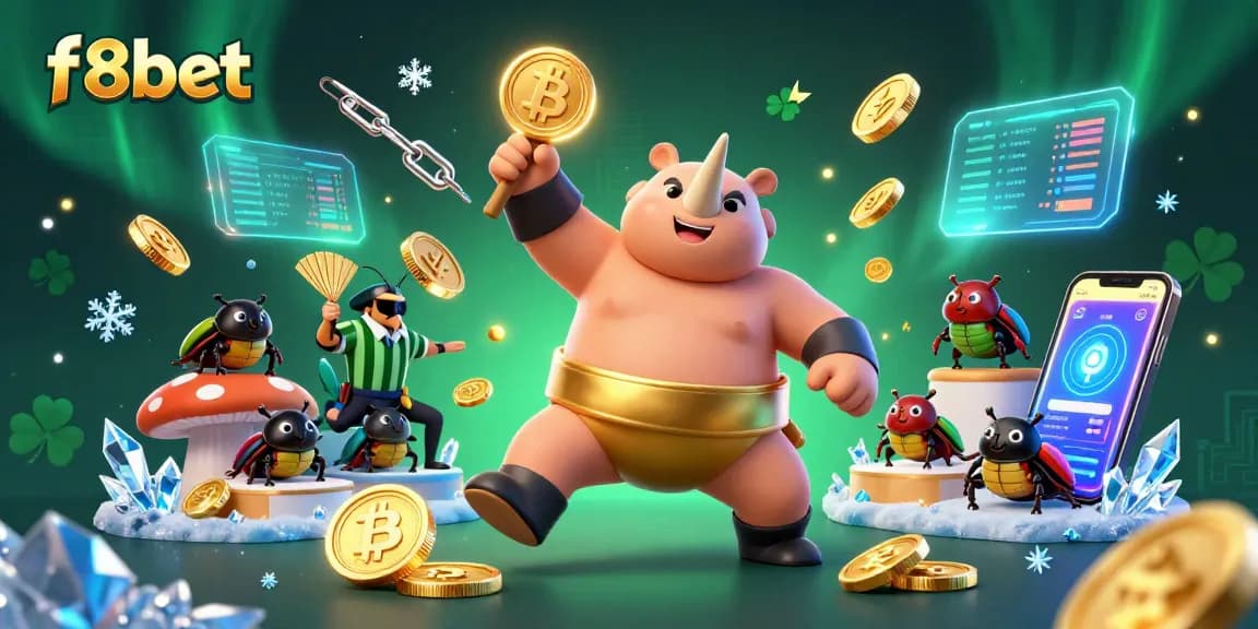 Experience thrilling action at f8bet with a dynamic scene featuring a sumo champion beetle and crypto symbols.