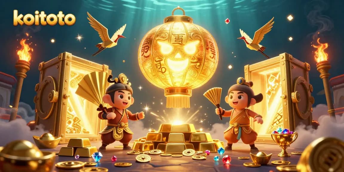 Koitoto illuminates the excitement of online 4D lottery gaming with vibrant characters and gold treasures.