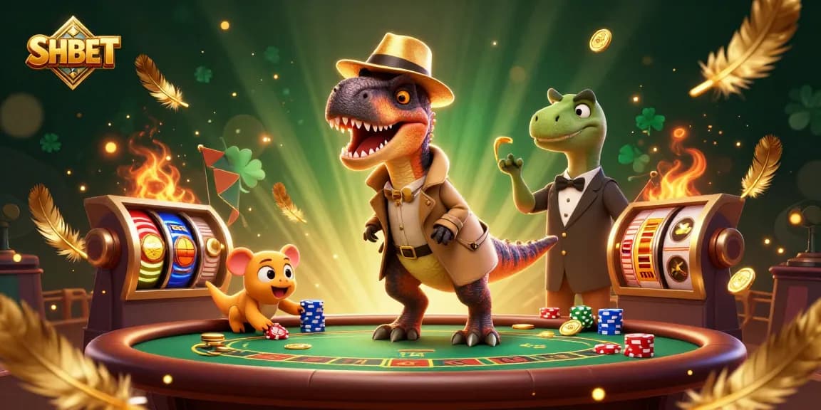 Experience thrilling gaming action at SHBET with a cartoon velociraptor card counter amidst vibrant casino elements.