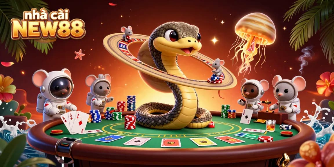 Experience the excitement at nhà cái NEW88, where cosmic characters engage in gambling fun with vibrant casino elements.