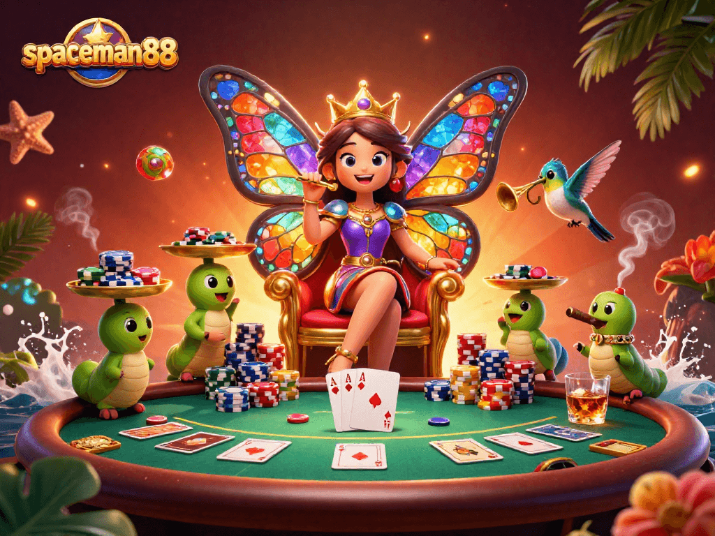 Hit big with spaceman88 as the butterfly queen reigns over the poker table in this vibrant 3D casino scene.