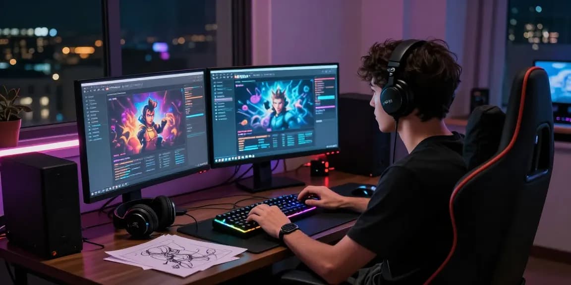 Engaged user interacting with nsfw ai chatbot in cozy gaming setup at night