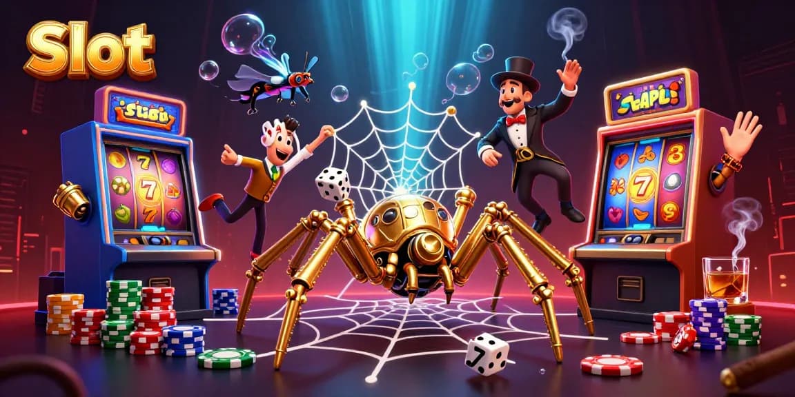Spin lucky Slot reels in a vibrant steampunk casino scene with golden spider and Victorian fly.