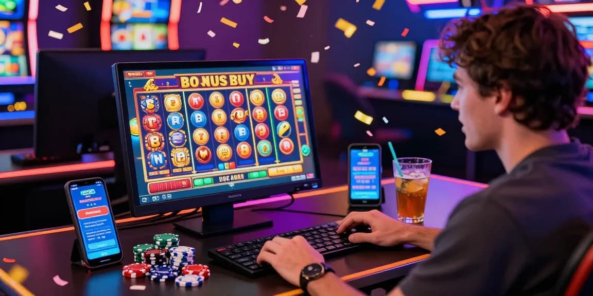 Engaging Bonus Buy slots experience at https://celebratepanto.co.uk/ with vibrant gaming elements and an excited player.