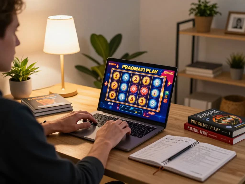 Engaging gaming session with Pragmati Play slots on a laptop, highlighting responsible online gambling atmosphere