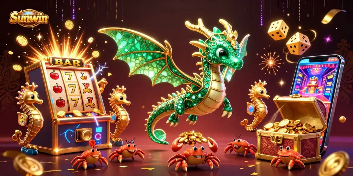 Sunwin players enjoy a dynamic casino experience with a treasure-laden sea dragon and vibrant slot machine action.