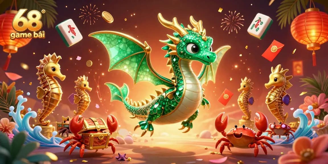 Experience thrilling gameplay with 68 game bài, featuring a majestic emerald sea dragon and golden treasures.