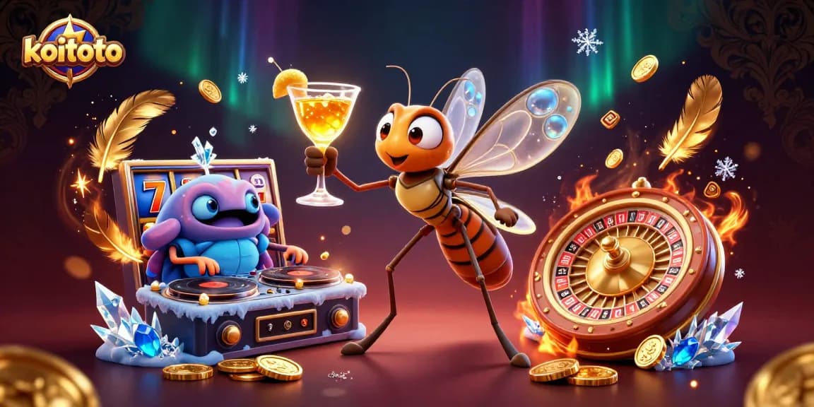 Koitoto slots experience with an energetic mosquito mascot, trilobite DJ, and golden roulette wheel in a vibrant casino scene.