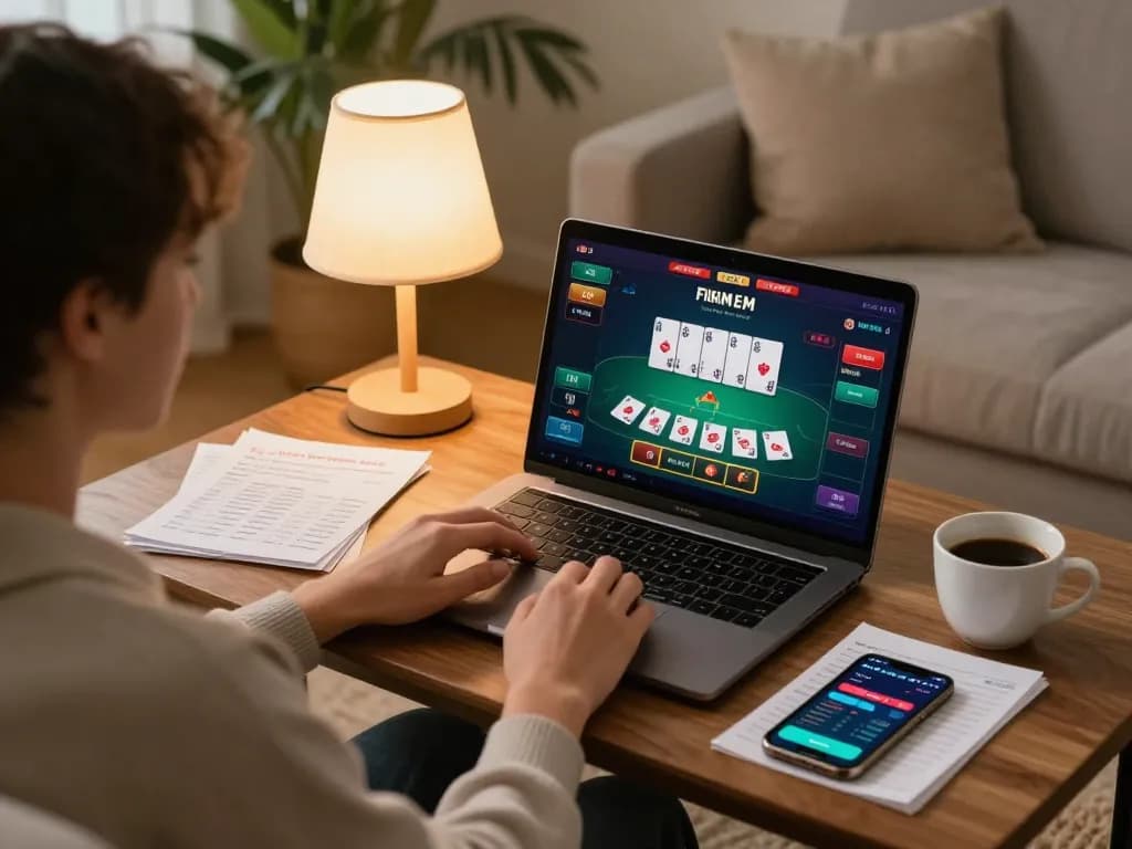 Engaging online poker session on 789WIN from the comfort of home with strategic bankroll notes.