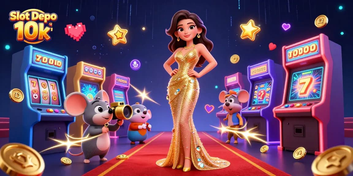 Engage with Slot Depo 10k, showcasing an exciting 3D casino scene rich with gaming elements.