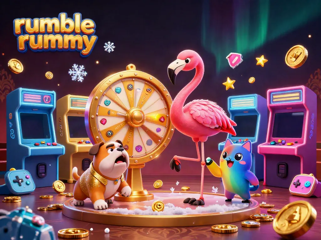 Experience the excitement of rumble rummy with vibrant arcade elements and dynamic characters.