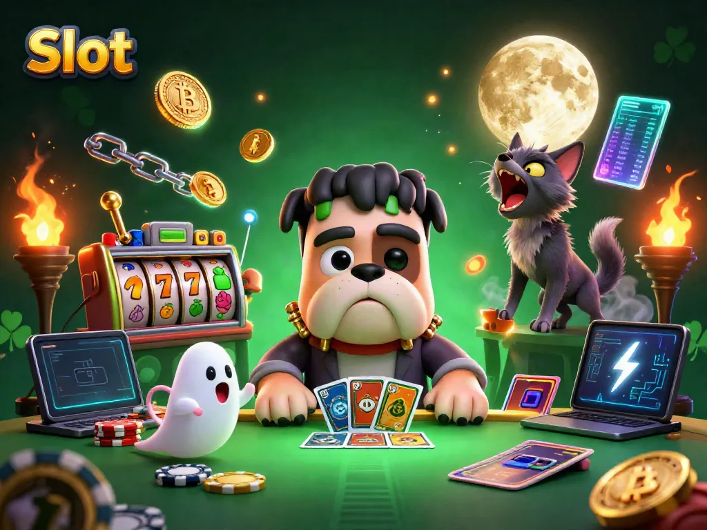 Slot menampilkan Frankenstein bulldog dan teman-teman bermain kartu di meja spooky yang dikelilingi elemen kasino.