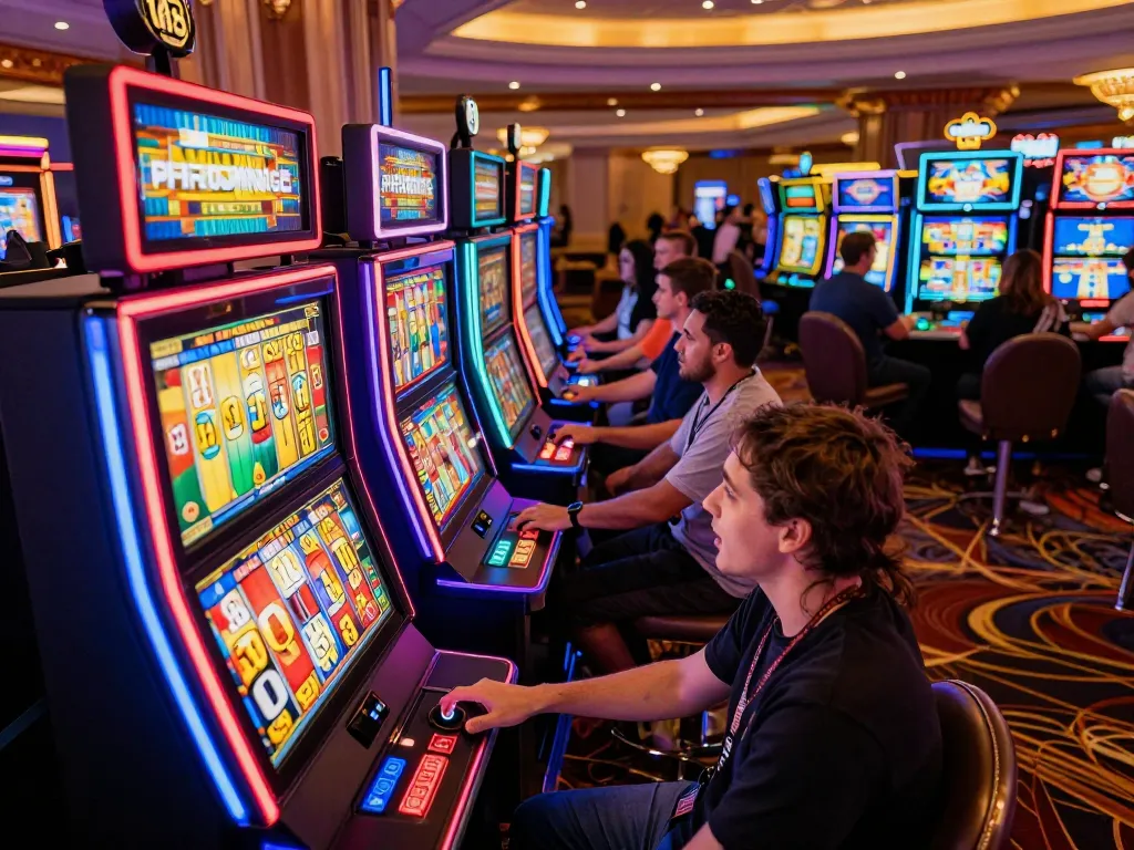 Win138 player enjoying slot machines excitement at a vibrant casino venue.