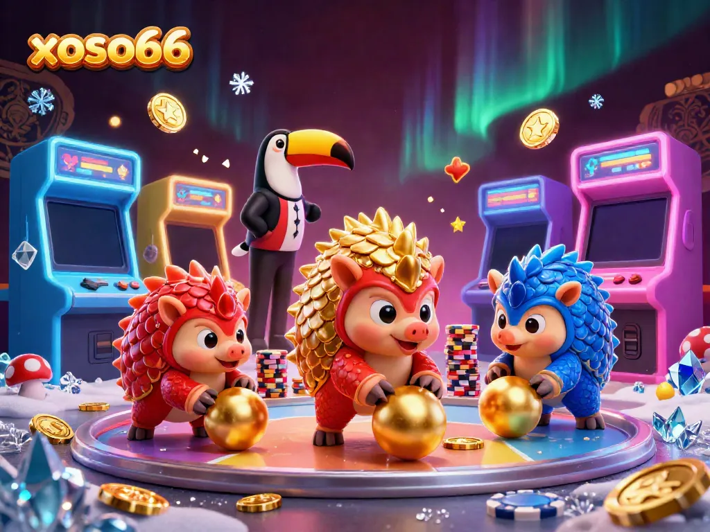 Experience gaming excitement with xoso66 as rival pangolins roll through golden poker chips in a vibrant casino.