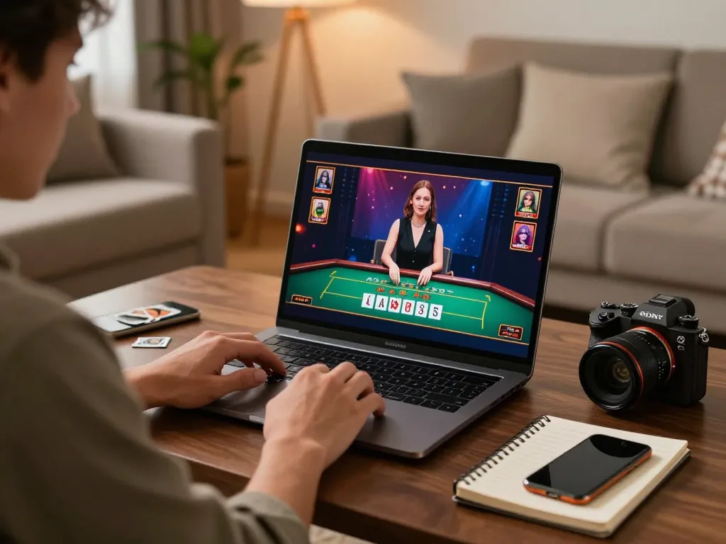 Player at home enjoying nk88 baccarat game on laptop, embodying strategic online gaming