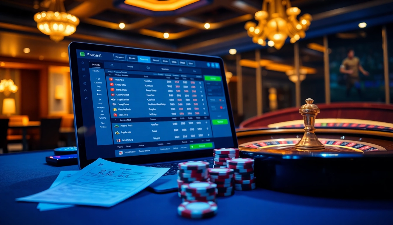 Situs Judi Bola featuring an online betting slip, poker chips, and football statistics in a luxurious casino setting.