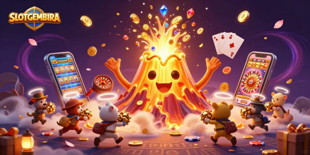 SLOTGEMBIRA features a triumphant golden volcano erupting coins with gaming elements and playful animals, creating an engaging casino atmosphere.