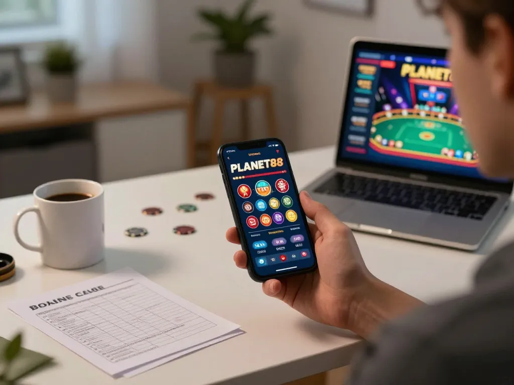 Engaging mobile gaming experience on PLANET88 app, showcasing user's strategy notes and smartphone graphics.