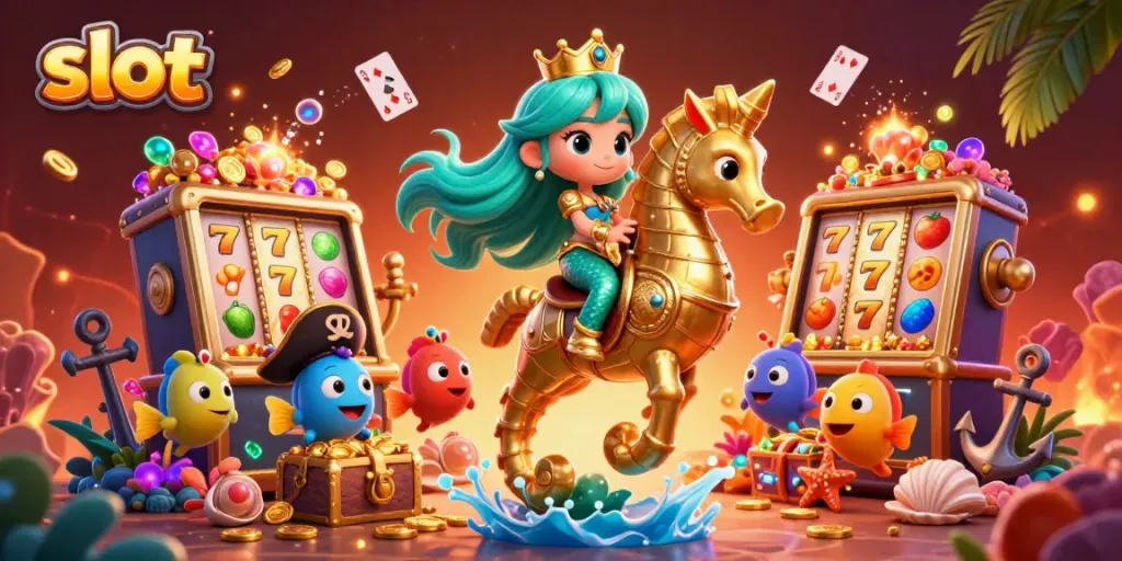 Engage in exciting slot gaming adventures with vibrant characters and rich casino imagery.