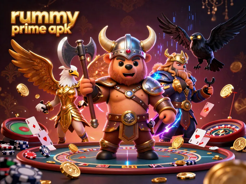 Engage with the thrilling rummy prime apk experience, featuring vibrant characters and casino elements amidst a dynamic scene.