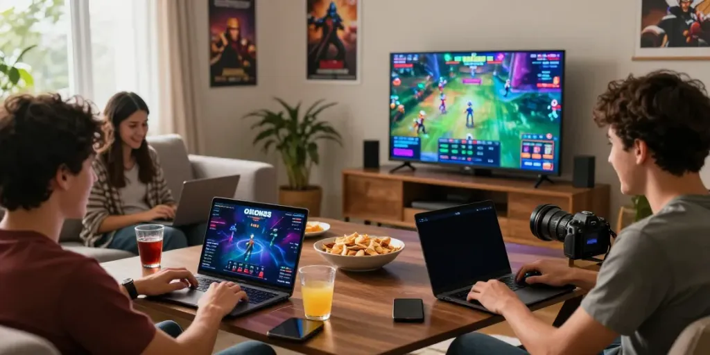 Friends enjoying ORION88 mobile game in a cozy living room, showcasing excitement and camaraderie.