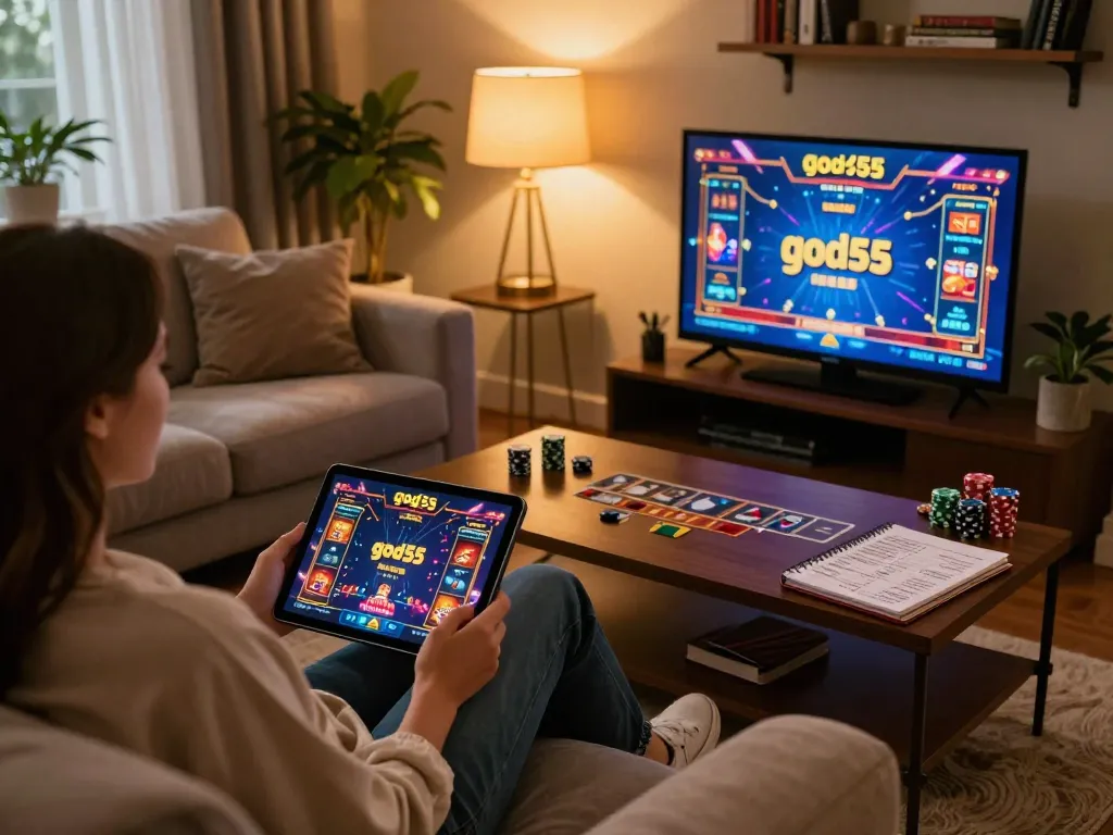 Person enjoying god55 online gaming on a tablet at home, surrounded by poker chips and strategy notes.
