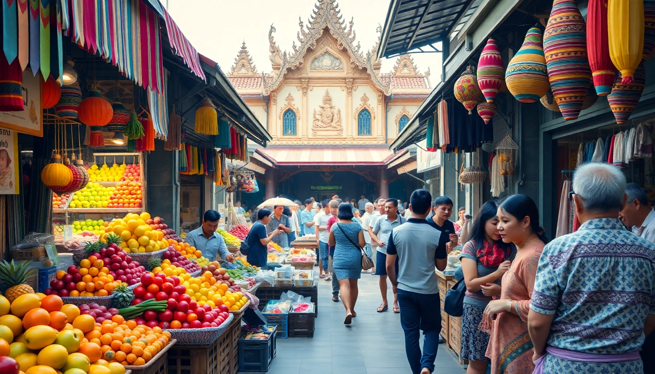 ภาพของตลาดไทยที่มีผู้คนซื้อตลาด 8siam สินค้าและผลไม้สดใหม่