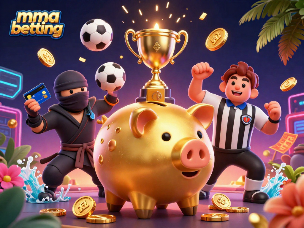 MMA betting scene with a piggy bank sumo wrestler and colorful sports elements flying around for dynamic visuals.