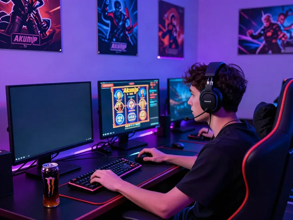 Gamer immersed in Akunjp online slot games, vibrant setup