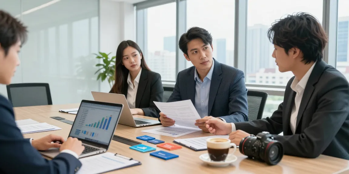 Team collaborates in a modern office to buy a small business with documents and laptops.
