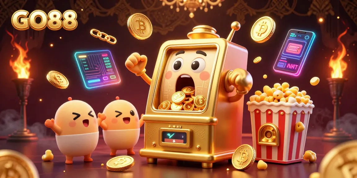 GO88 slot machine celebrates a jackpot, surrounded by crypto coins and vibrant casino elements.