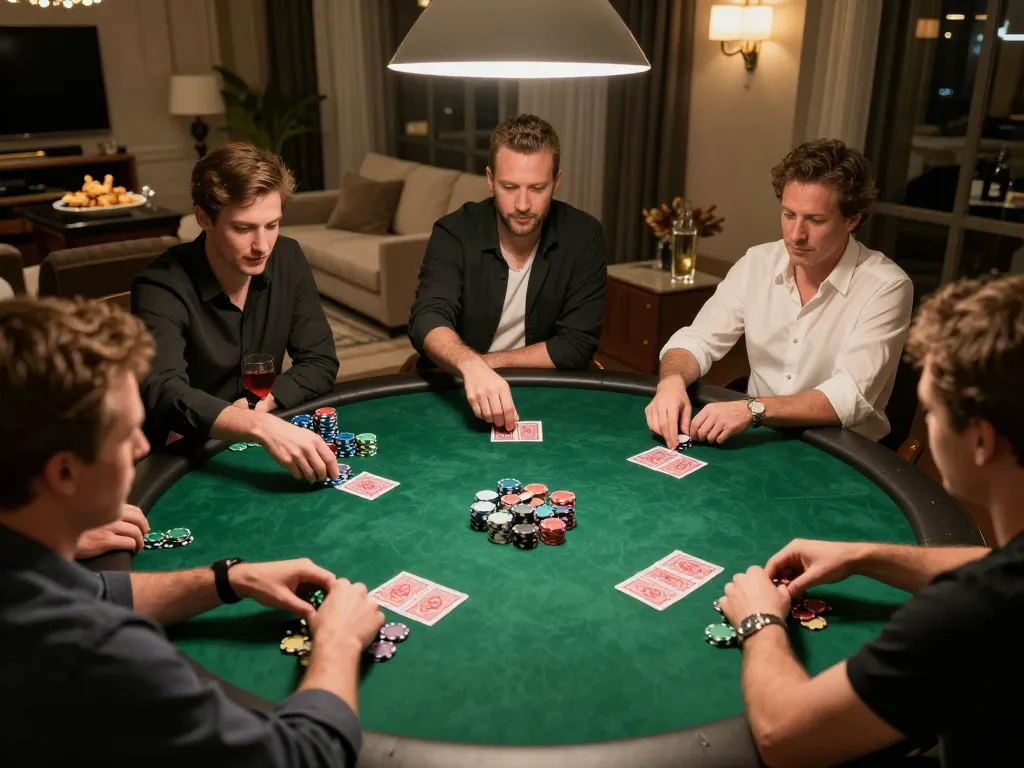 Engaging poker game night with F168 chips and cards set in a warm home atmosphere.