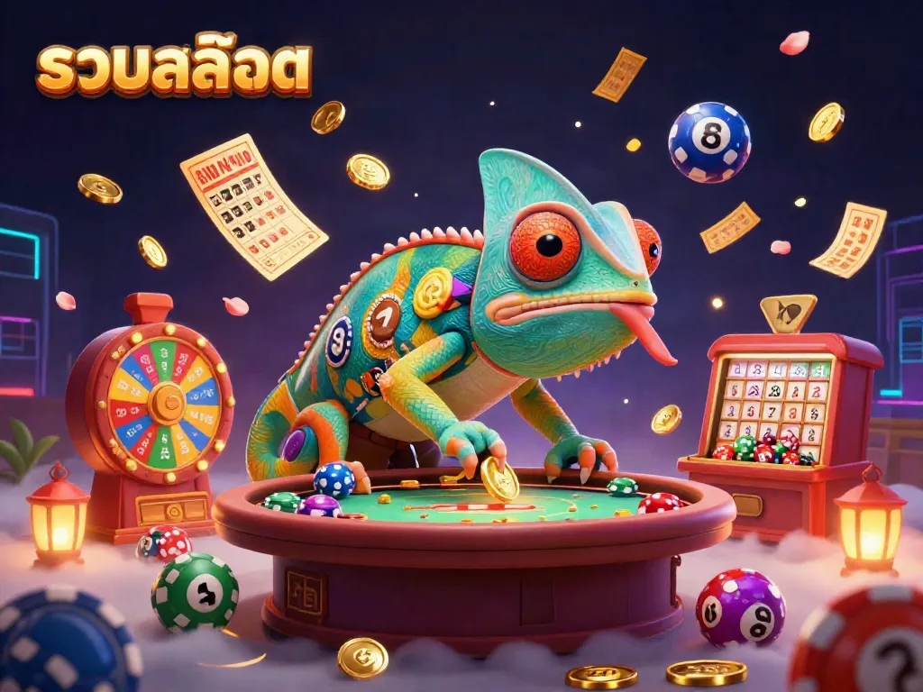 Experience รวมสล็อต magic with a lively chameleon casino owner amidst vibrant gaming elements.