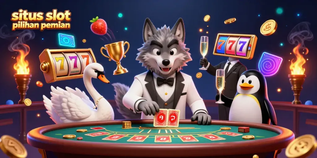 Gambar situs slot pilihan pemain menampilkan karakter kartun di meja baccarat dengan elemen slot berwarna-warni.