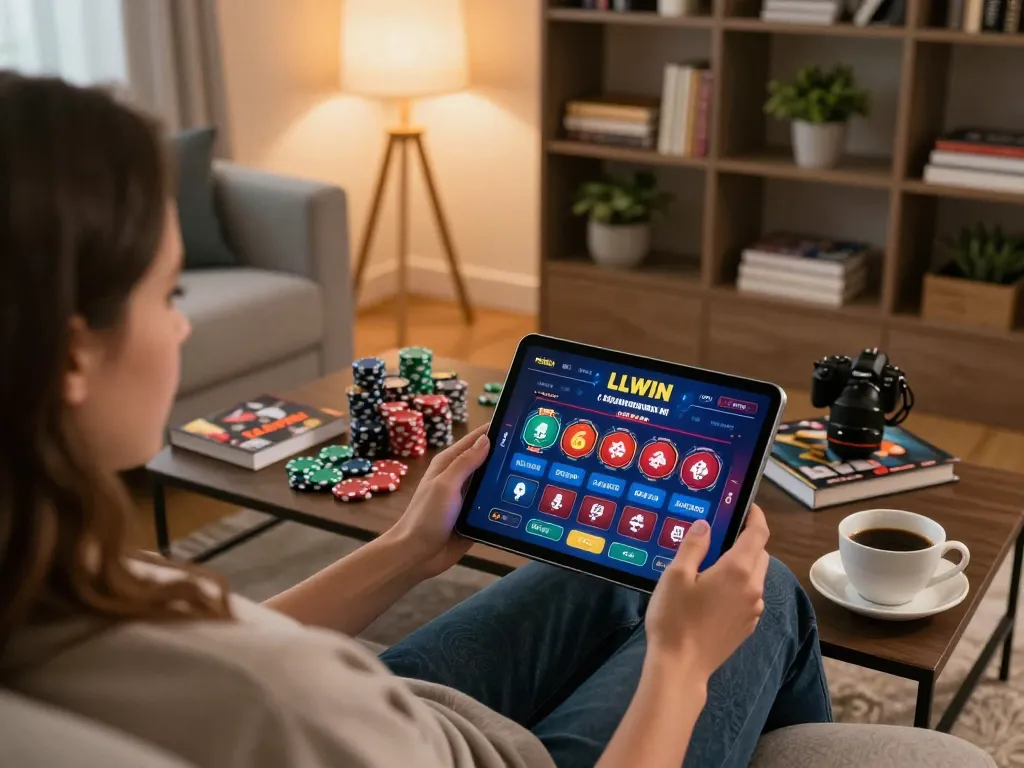 Player navigating LLWIN online casino on tablet, featuring engaging games and strategies