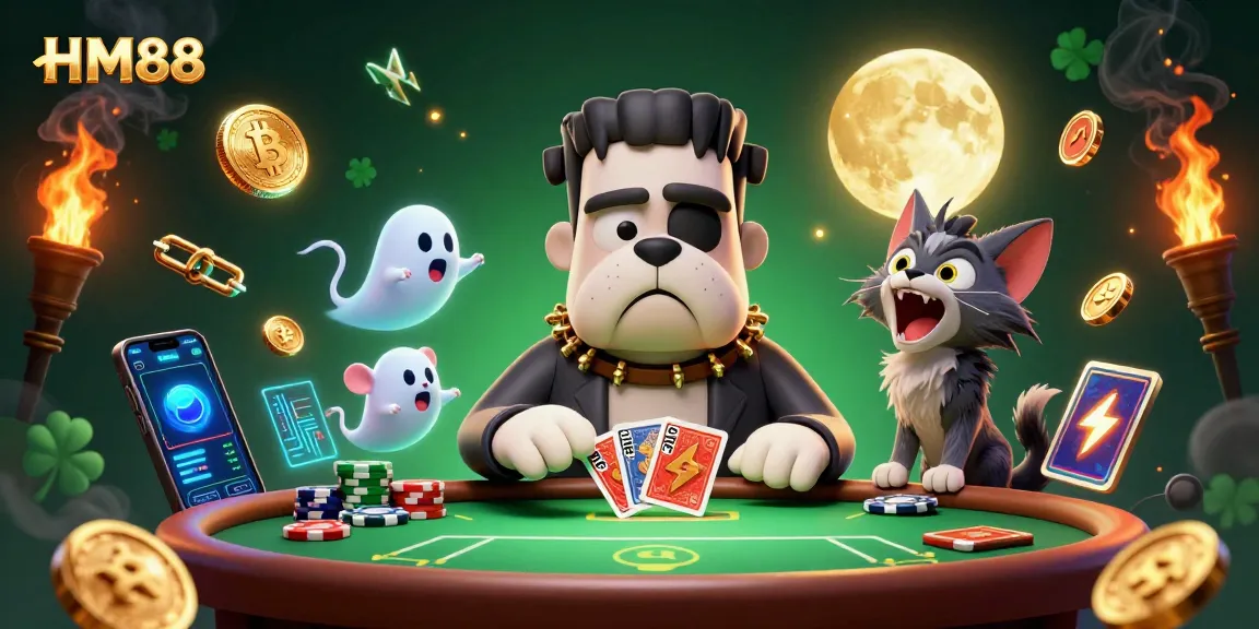 Win big at HM88 poker with a lively scene featuring a Frankenstein monster dealer, ghost mouse, and werewolf kitten.