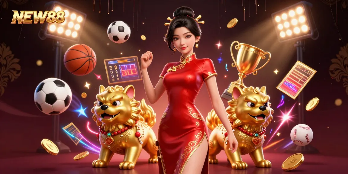 Experience the excitement of NEW88 with a glamorous Asian woman and golden foo dog guardians in a dynamic casino scene.