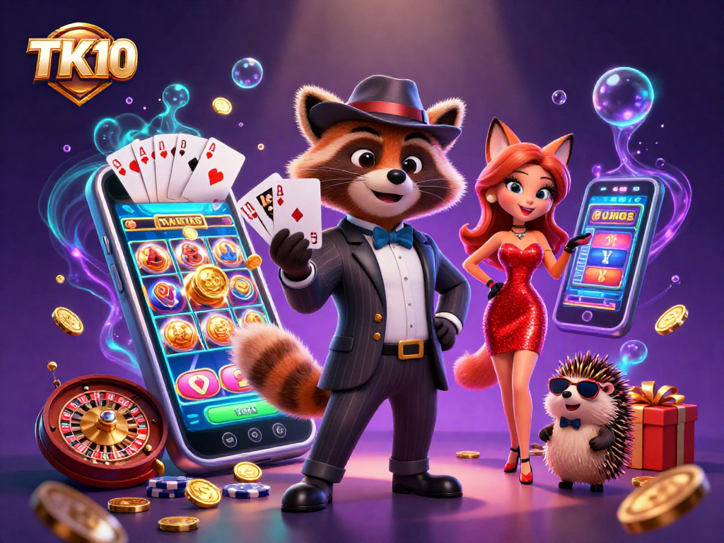 Experience the thrill of winning with TK10's vibrant casino scene featuring exciting games and characters.