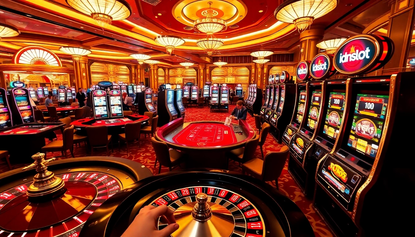 Experience the vibrant excitement of idnslot with players at a lively casino showcasing roulette, poker, and glowing slot machines.