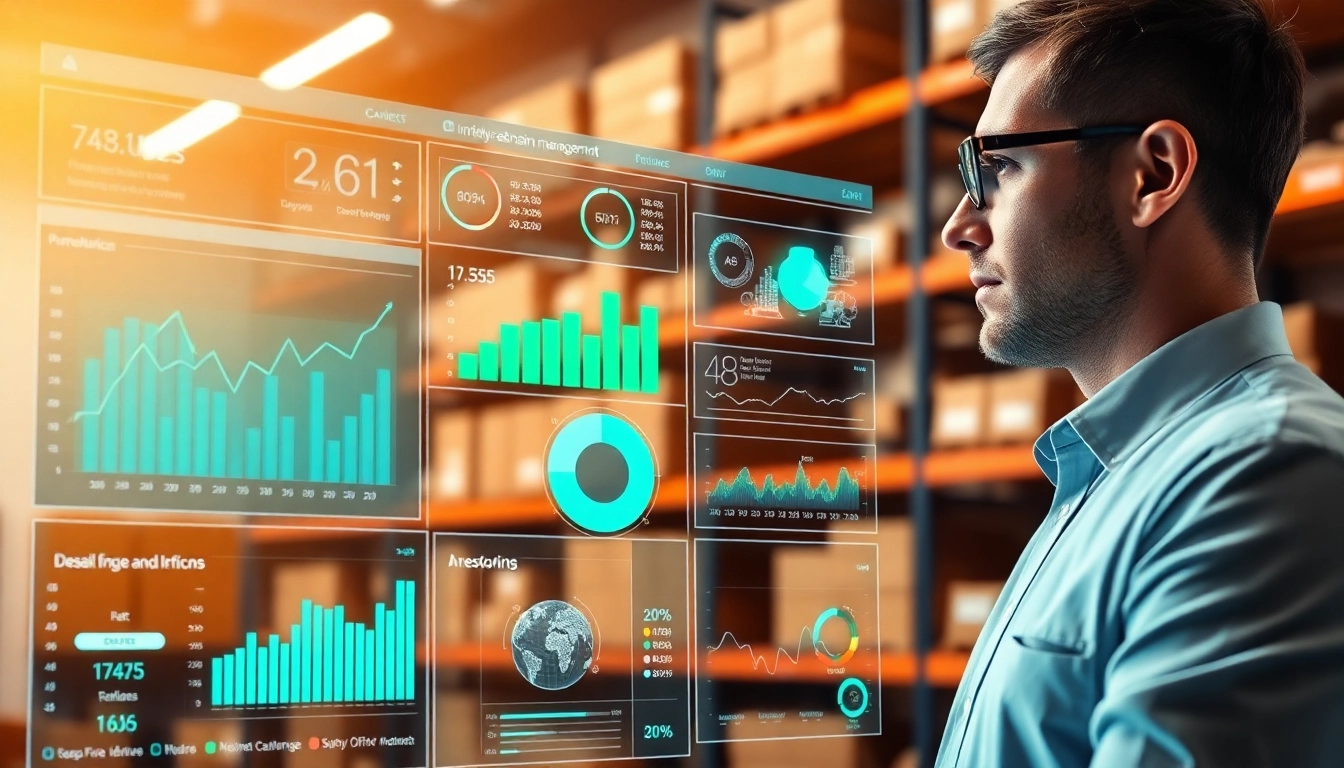 Engaging scene of AI supply chain management with a data analyst using a futuristic dashboard interface.
