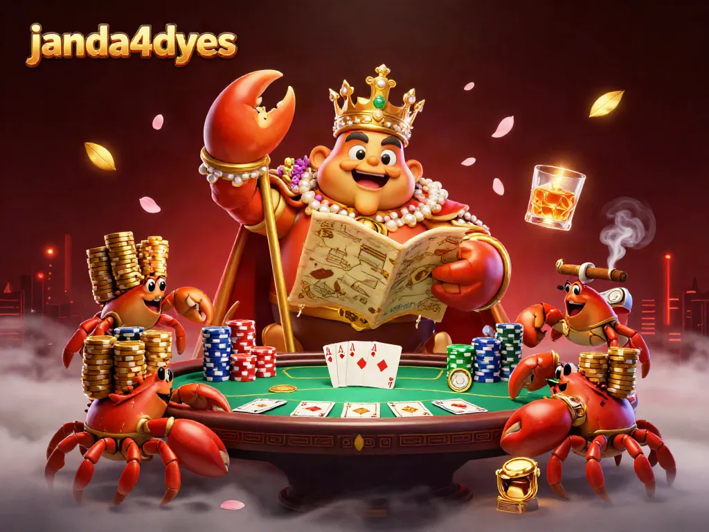 Mainkan permainan janda4dyes dengan raja kepiting emas yang menjulang dan tumpukan chip di sekitarnya.