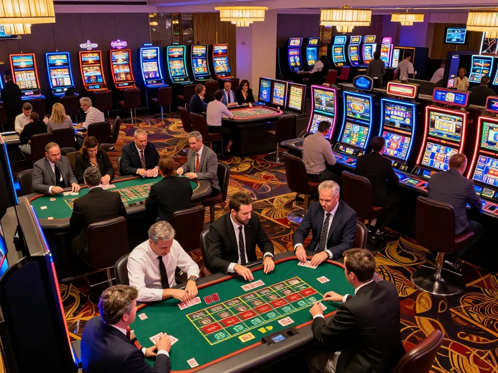Exciting scene at a non uk casino with players engaging at tables and vibrant slot machines.