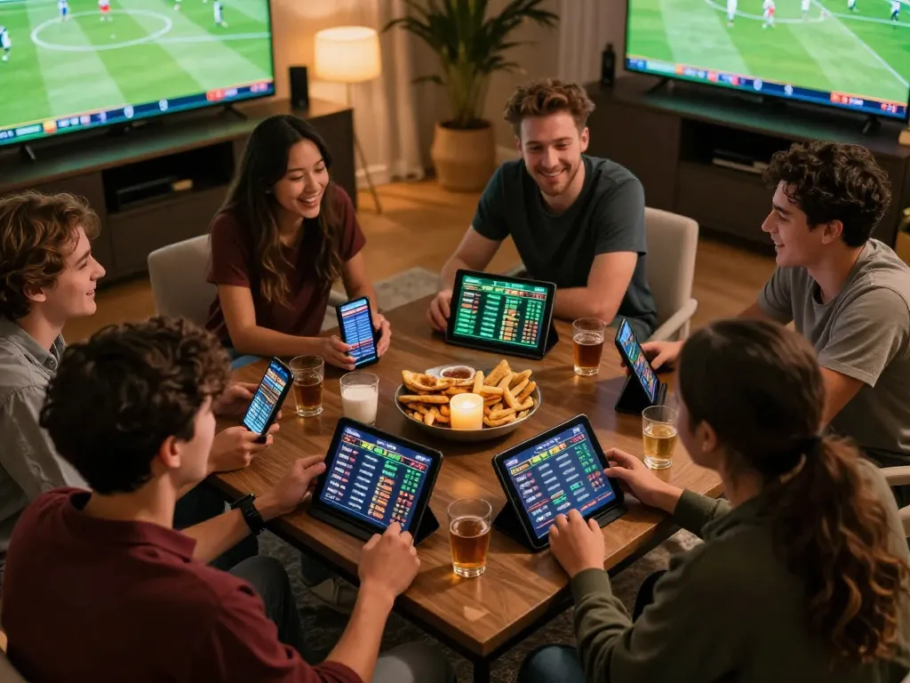 Friends enjoying sports betting with lovingaze app on devices, creating a competitive atmosphere.